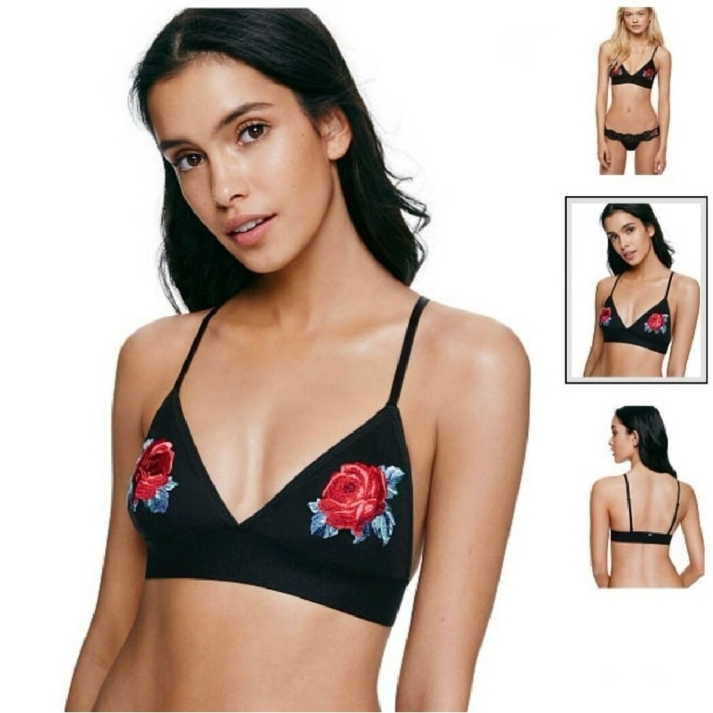 NWOT PINK Victoria's Secret Black Triangle Bralette with Red Rose Embroidery